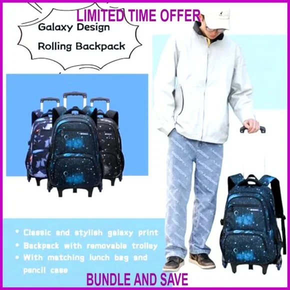 Nylon Rolling Backpack Set with Insulated Lunch Bag for Boys School